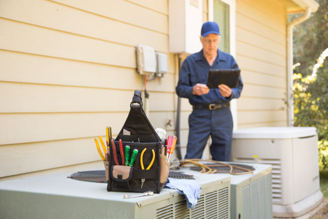 Long Island emergency heat pump repair technician at outdoor unit